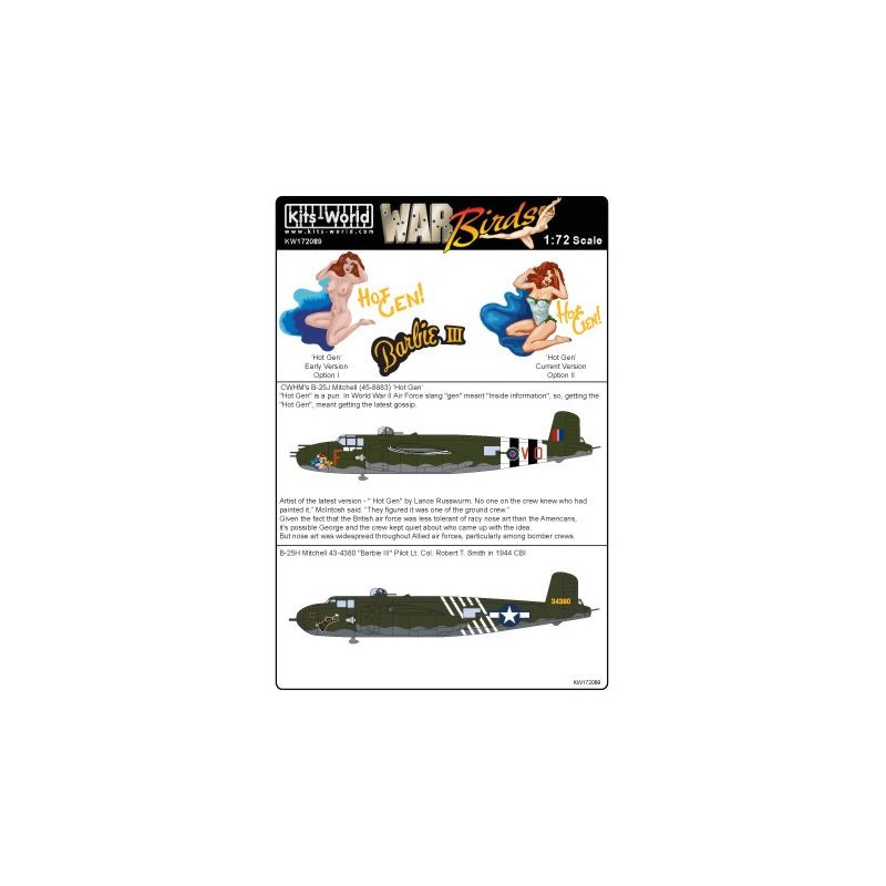 Création format compact: Décal North-American Mitchell B25J 'Hot Gen' 45-8883 CWHM's; B-25H 'Barbie III Pilot Lt Col Robert T. Smith 1944 CBI