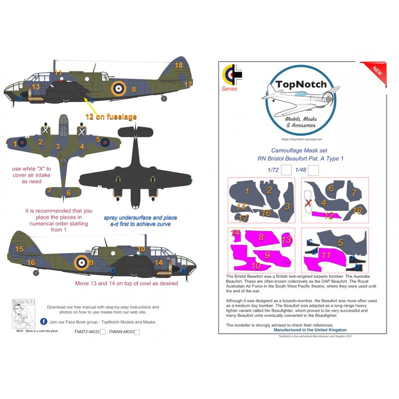 Jolie miniature style pop: RN Bristol Beaufort Mk.I Pat. Un masque de peinture à motif camouflage de type 1 (conçu pour être utilisé avec les kits ICM)