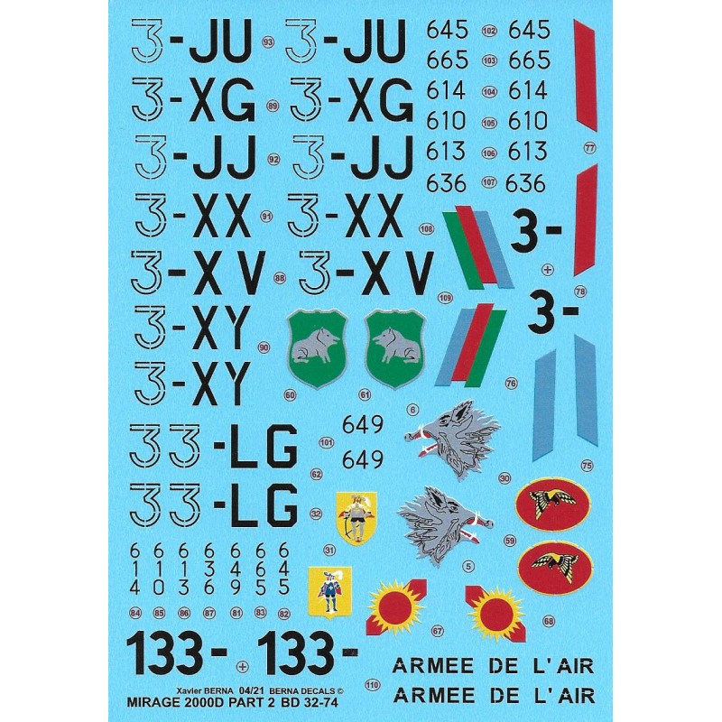 Vitrine pour déco: Décal Dassault Mirage 2000D : EC 2/3 'Champagne' & EC 3/3 'Ardennes' Nancy-Ochey & Istrana, EC 4/33 'Vexin' Djibouti (7 schémas)