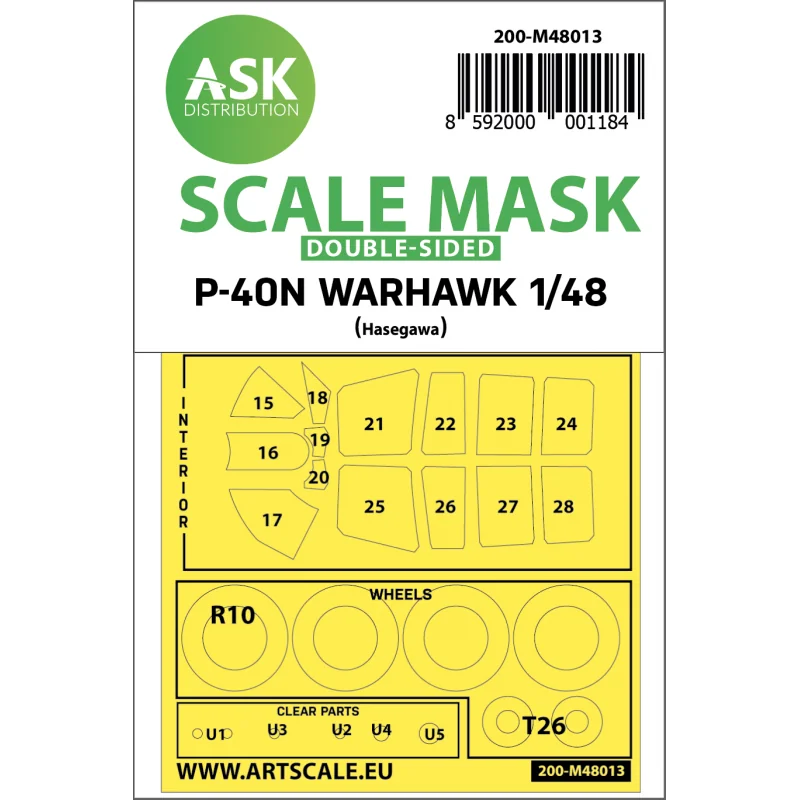 Pièce collection style geek: Roues et masques de canopée Curtiss P-40N Warhawk (intérieur et extérieur) (conçus pour être utilisés avec les kits Hasegawa et