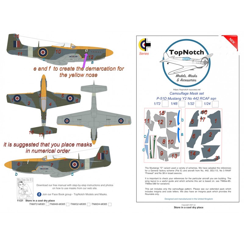 Pop Collection esprit déco: Masque de peinture North-American P-51D Mustang Y2 No 442 RCAF sqn motif camouflage (conçu pour être utilisé avec les kits Tamiy