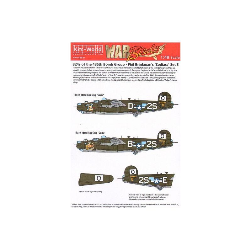 Joli modèle pour étagère: Décal Consolidated B-24H Liberator 834th BS, 486th BG Phil Brinkman's Zodiacs Set 3 (2) 252762 2S-B 'Scorpio'; 252490 2S-D 'Géme