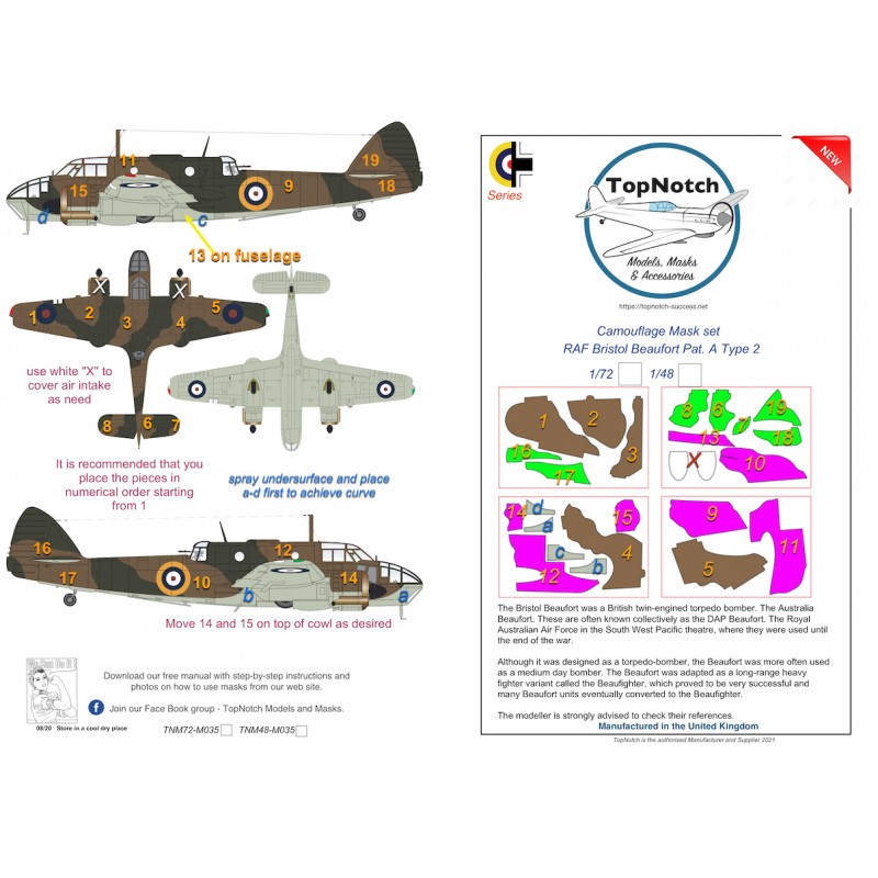 Pop Objet: RAF Bristol Beaufort Mk.I Pat. Un masque de peinture à motif camouflage de type 2 (conçu pour être utilisé avec les kits ICM)