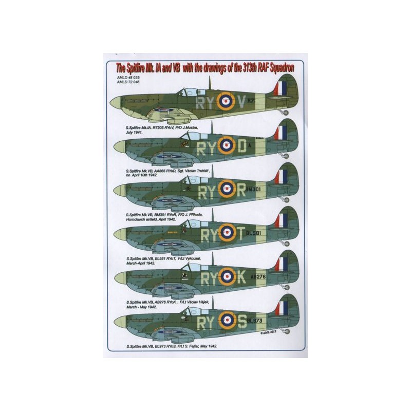 Jolie Design look original: Décal Le Supermarine Spitfire Mk.Ia/Mk.1 /Mk.1 et Mk.VB avec des dessins du 313th RAF Squadron